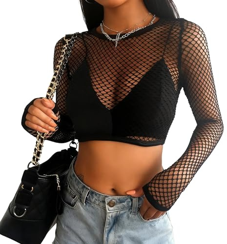 Maglietta da donna in tulle, a maniche lunghe, trasparente, nera, a maniche lunghe, in pizzo, ad alta elasticità, slim fit, in rete, sexy, a tunica, casual, per clubwear, Nero , Taglia unica