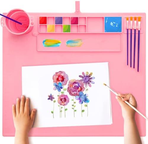 iArtker Silicone Art Mat for Artists - 20x16 Inch Desktop Protection Mat with Palette, Scale & Brush Holder, Non-Slip Waterproof Painting Craft Mat for Adults