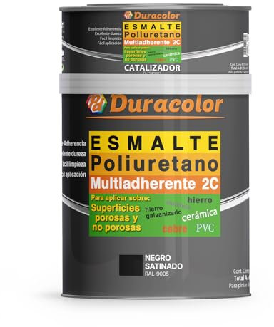 Esmalte al Poliuretano Multiadherente Satinado Duracolor | Pintura para Metales, Madera, Bañeras, Azulejos y Sanitarios | Resistente y Duradero (600 ml + 150 ml, Negro RAL 9005)