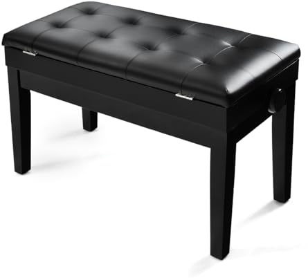 GYMAX Piano Bench, 76x36x58cm PU Leather Piano Stool with Adjustable Height, Storage and Padded Cushion, Wooden Double Duet Keyboard Stool for Kids Adults, Black