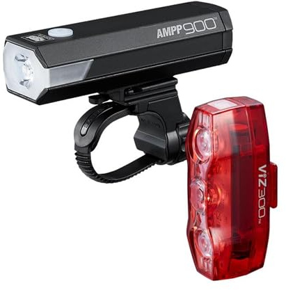 CatEye Set di luci per bicicletta, 900 lumen, anteriore e posteriore a LED, con lenti OptiCube, modalità multiple, alta visibilità MTB, illuminazione ricaricabile per guida notturna, accessori CatEye