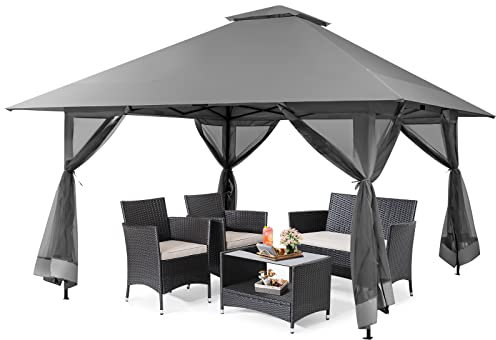 RELAX4LIFE Gazebo da Giardino 4x4M, Pop-up Pieghevole con Zanzariera e Doppio Tetto, Altezza Regolabile per Patio, Giardino e Cortile (GRIGIO)