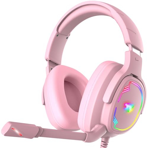 Jimonyer Gaming Headset with Microphone, 7.1 Surround Sound and Noise Canceling Over Ear Headphones for PC/PS4/PS5/Xbox Series/Switch, RGB Light and Soft Imitation Protein Earmuffs (Pink)