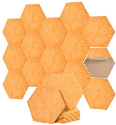 Hexagon Akustiska plattor, självhäftande – ljudabsorbator för vägg och tak, 30 x 26 x 0,9 cm, 12-pack, perfekt för vardagsrum, KTV, musikrum och kontor. (Gul)