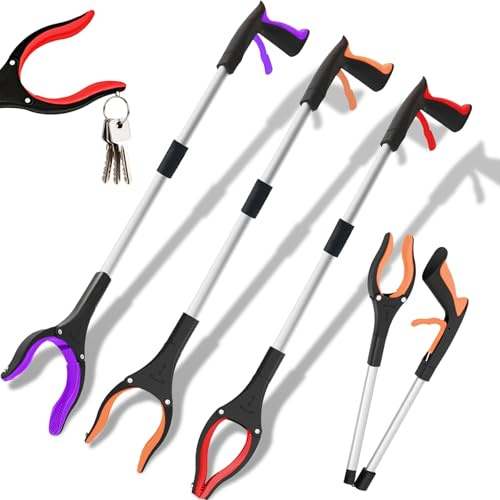 3-Pack 32 Inch Grabber Reacher Tool, Foldable Pick Up Stick with Strong Grip, Magnetic 360° Rotating Anti-Slip Jaw, Trash Picker, Lightweight Grabbers