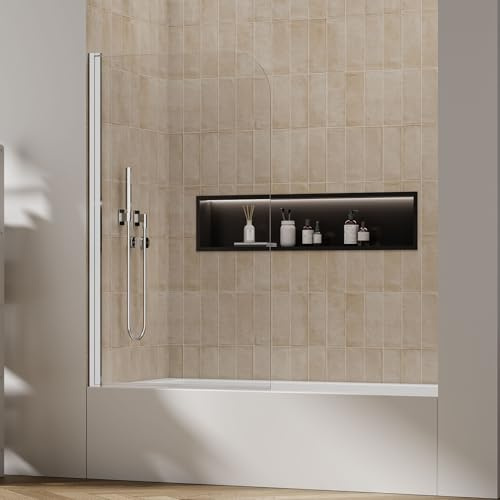 Viivppai 34 W x 59 H Tub Shower Door Foldable Hinged Bathtub Glass Door Screen with Tempered Coating Pivot Glass Panel, Radius Frameless Tub Panel (Chrome)