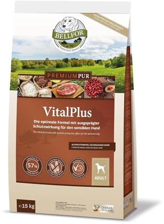 Bellfor Premium PUR VitalPlus glutenfritt hundfoder torrt för normalt aktiva hundar – 15 kg. Hundmat är rikt på omega-3 och naturliga antioxidanter. storpack