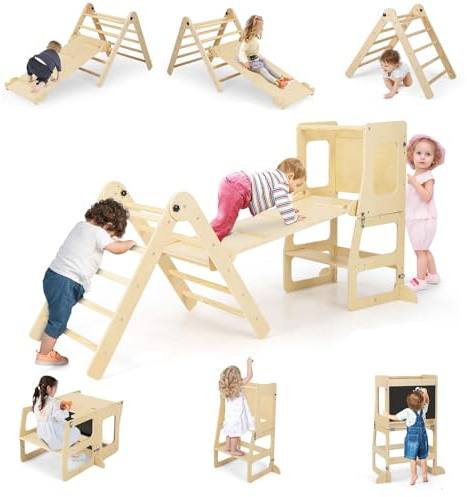 GOPLUS 7 en 1 Triangle d'escalade Montesorri Enfants Pliable avec Double Rampe, Escabeau Convertible&Tableau Noir, Table & Chaise,Tour d'Apprendissage,pour 3-14 Ans (Naturel)