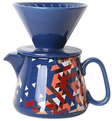 Polydremio Pour Over Kaffeemaschine, Keramik-Kaffeetropfer mit 100 Stück Größe 02 Papierfilter, Keramik-Kaffeeservice mit Deckel, 450 ml, geeignet für 1-2 Personen (Blau)