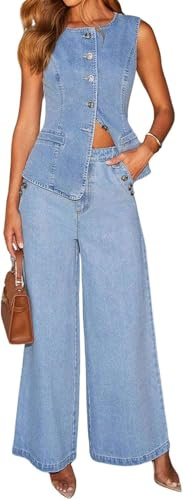 Conjunto de mezclilla de 2 piezas para mujer, chaleco de mezclilla sin mangas con botones, Top de mezclilla, camisa Y2k, pantalones vaqueros de pierna ancha, pantalones palazzo, trajes
