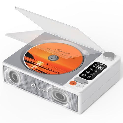 Reproductor de CD Portátil, Leapwell Reproductor CD Bluetooth Altavoz HiFi Integrado Retro CD Player con Tapa Antipolvo Pantalla LCD Grande Soporta AUX USB Óptico Blanco