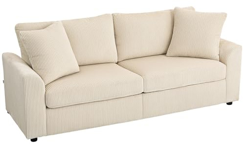 HOMCOM Divano 3 Posti in Velluto a Coste con 2 Cuscini e Braccioli, 212x80x88 cm Divanetto Moderno con Struttura in Acciaio e Imbottitura Morbido, Sofà per Casa, Soggiorno e Salotto, Bianco Crema
