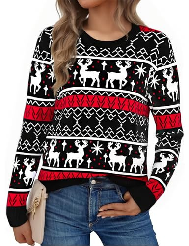 Litherday Jersey Navidad Mujer Divertido con Reno Copos de Nieve Árboles Suéter Feo Navideño para Fiestas Familiares Fotos Regalo Original Invierno Tallas Negro S