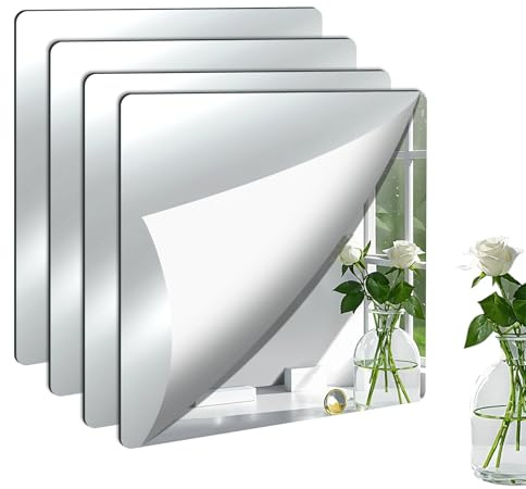 SUPERWSLING 4 Stück Spiegelfliesen selbstklebend, 15x15 cm Acryl-Spiegel kleben Fliesenspiegel, Spiegel zum Spiegelfolie selbstklebend für Wand Badezimmer Schlafzimmer Schrank Wohnzimmer