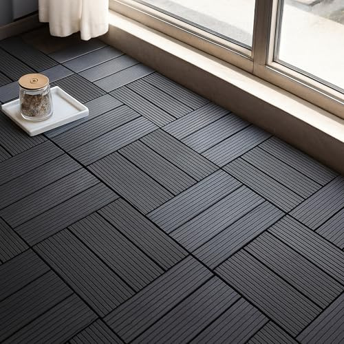 Interlocking Deck Tiles, 16 Pack, 30 cm x 30 cm 16 sq. ft Plastic Waterproof Outdoor Flooring All Weather Use, Patio Floor Decking Covering Tiles for Porch Poolside Balcony Backyard, Black
