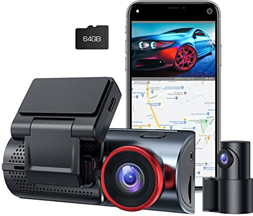 LAMTTO 4K+1080P Dash Cam Auto, WiFi e GPS, Doppia Telecamera per Auto, Dashcam IPS 3.16 con Scheda SD 64G, Monitor di Parcheggio, Visione Notturna, Sensore G, Controllo App, Rilevamento del movimento