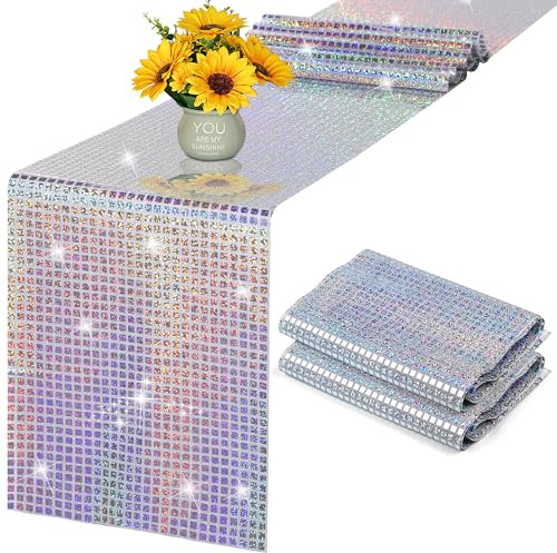 Aneco 2 Pack Disco Party Table Runner 11 x 108 Inch Mirror Silver Laser Glitter Foil with Sparkle Sequin Table Runner for Bachelorette 70s 80s Party Home Table Decorations