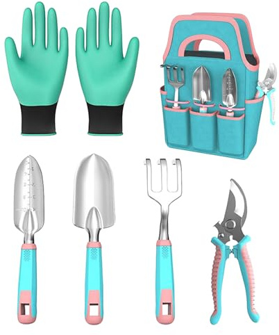 Kit Di Attrezzi Da Giardinaggio | Rastrello Guanti Cesoie con Pala da Giardino,Kit Giardino con Borsa Porta Attrezzi | per Terrazzo Balcone Serre Interno ed Esterno