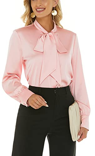 ANNA&CHRIS Escalier Women's Silk Blouse Bow Tie Neck Long Sleeve Satin Button Down Shirt Casual Office Blouse Top, Pink, Large