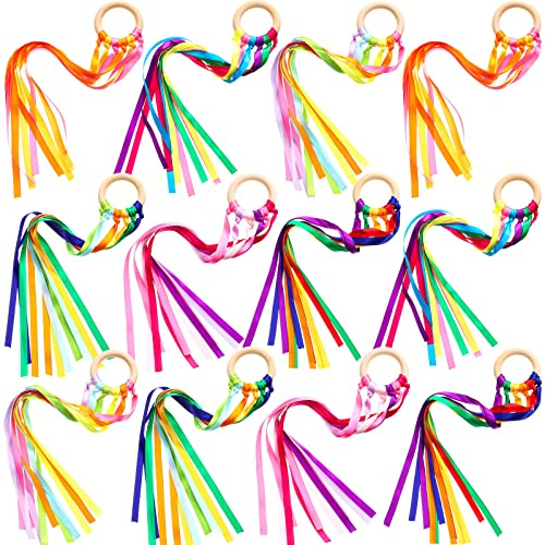 Deekin 12 Pcs Rainbow Ribbon Wooden Waldorf Toys Creative Waldorf Hand Kite Set Streamers with Wood Ring Educational Toy for Playroom Dancing Birthday(Bright Color)