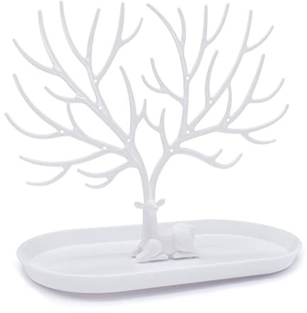 Jewelry deer Stand, Antler Decoration Jewelry Tree with Tray, for Necklaces, Bracelets, Rings, Earrings, White