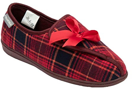 Dunlop Womens Slippers Ladies Orthopaedic Wide Fit Warm Lined Shoes Winter Slipper Adjustable Touch Fastening Comfy Warm Lined Classic Soft Closed Toe Fluffy Casual Comfortable (Elana Red Tartan, 8)