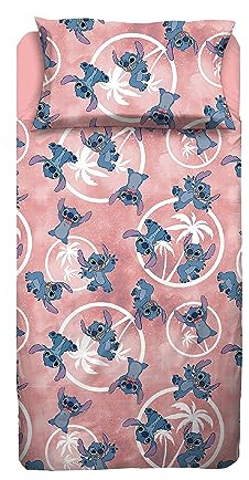 Stitch, Lenzuolo Letto Singolo, Completo Letto, Lenzuolo Sopra, Lenzuolo Con Angoli, Federa, Rosa, Disney, 100% Cotone, Prodotto Ufficiale