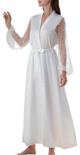 WADAYUYU Women Long Sleeve Bridal Robe White Satin Bride Robe with Pearl Tulle Sleeves, Elegant Wedding Nightwear Dressing Gown S