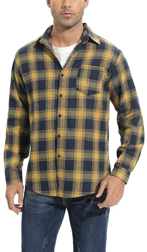 Yukiuiny flanellrutig skjorta för män – 100 % bomull skogsarbetare rutig topp, andningsbar och ledig långärmad t-shirt blus, Gula/högra knappar, XXL