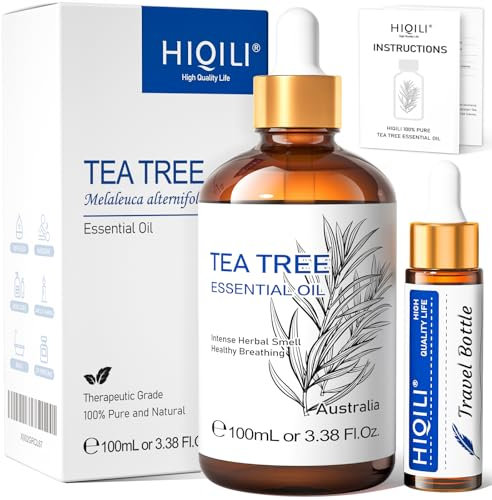 HIQILI Huile Essentielle Tea Tree 100ML, 100% Naturelle, Huile d'aromathérapie Pour Le Visage, La Fabrication de Bougies, Le Diffuseur, La Peau et Les Cheveux - 3.38 Fl Oz
