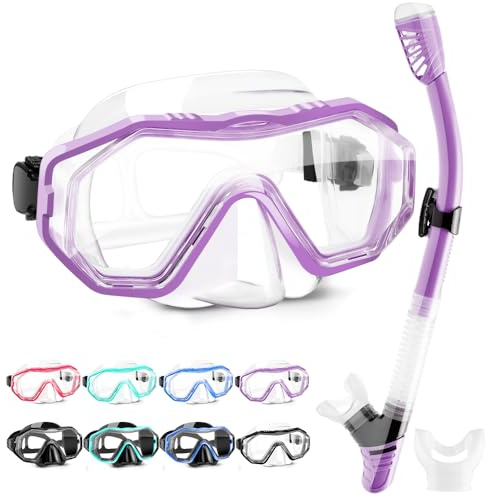 HINATAA Dry Snorkel Set, Multi-Colors 180° View Anti-Fog Diving Goggle and Silicone Anti-Leak Dry Snorkel Tube, Profession Snorkeling Gear, Easy Breath Snorkel Mask for Adult and Teenagers (Purple)