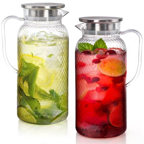 Nicunom 2 Stück Kunststoff-Krug mit Deckel, 2 Liter Wasserkrug für Kühlschrank, BPA-frei, Eisteekrüge für Saft, Sangria, Limonade, Milch, Kaffee, kalte oder heiße Getränke