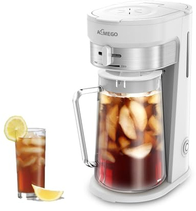 AEMEGO Iced Tea Maker, Brewing System with 2.5-quart Glass Pitcher, sliding strength selector, Stainless Steel Decoration, Reusable Filter（white）