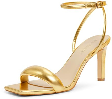 MIRAAZZURRA Sandales à talons hauts pour femme - Bout carré ouvert - Avec sangle de cheville - Pour robes et chaussures de fête, or, 36 EU