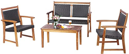 COSTWAY Ensemble de Meubles d'Extérieur 4 Pièces en Rotin Charge 160-320KG, Salon de Jardin Siège et Dossier Table Basse en Bois d'Acacia pour Balcon Terrasse Patio, Marron+Brun