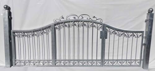 Gartentor Hoftor Einfahrtstor mit Tür Schmiedeeisen Monaco-GT250AS/100S Feuer Verzinkt 250 cm 2.5m Doppelflügeltor breit Rundbogen Asymetrisch Pfosten-Set 80