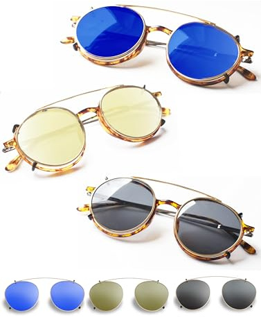 Clippies Coloured Clipon sunglasses for prescription glasses. Clip On Sunglasses Over Prescription Glasses. Non Flip Clip-on Sunglasses - Blue, Gold, Black (Mirrored Lens Clip-on Gold Frame)