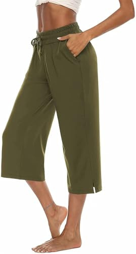 ASKSA Womens 3/4 Capri Pants Wide Leg Crop Trousers Jogging Yoga Loose Comfy Lounge Drawstring Sweatpants with Pockets(Green,XXL)