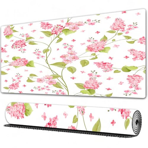 FEHWI Gaming Mouse Pad Extra Large Keyboard Mouse Mat Desk Pad Soft Smooth Surface and Anti-Slip Rubber,The floral pattern over light Flower pattern of purple hydrangea flowers over white,16x35.5 in