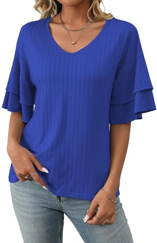 ASKSA Dam V-ringad T-shirt blusar och blusar kortärmad volangblus sommar topp dam chic och elegant, Färg: blå, XXL