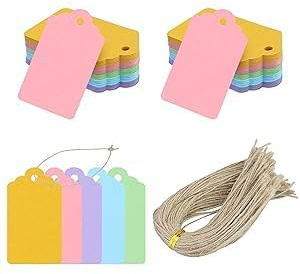 Etiquetas de regalo de papel de estraza 7 x 4 cm, 200 etiquetas y 200 unidades de cuerda de yute, para manualidades, Navidad, bodas, regalos (5 colores)