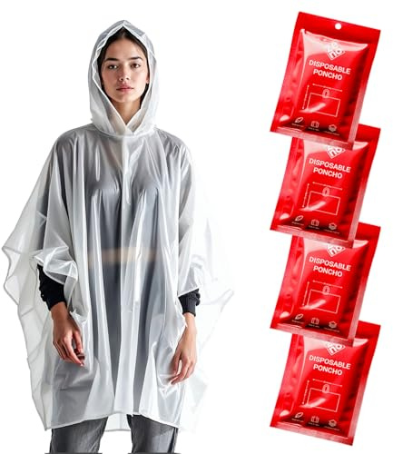 ZENO Poncho Impermeable Mujer y Hombre - Poncho Lluvia - Capa Lluvia Impermeable - Transparente y Desechable Para Festival, bicicleta, senderismo con capucha - Paquete de 4 - Edición Red Rush