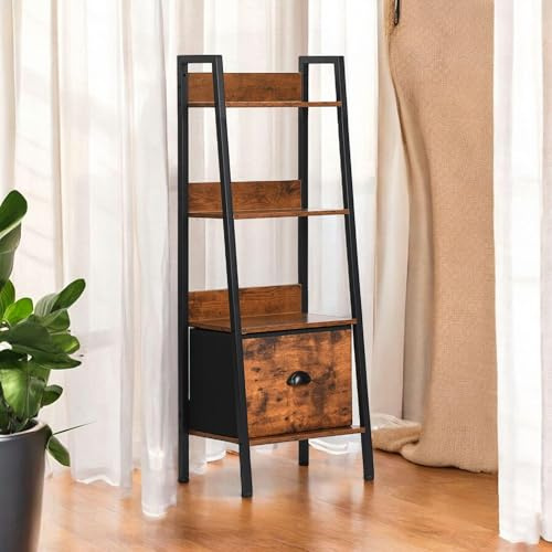 FurnitureR Étagère Rangement de Salon, Étagère Échelle à 4 Niveaux, H 110CM Bibliothèque Industrielle, Étagères D'exposition pour Le Salon, Rangement avec Tiroirs en Non-Tissé, 42 x 29 x 110 cm