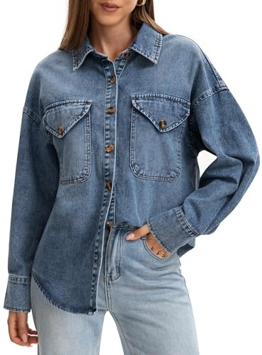 POTILI Women's Oversized Denim Shirt Long Sleeve Boyfriend Jean Jacket Button Down Blouse Top Blue