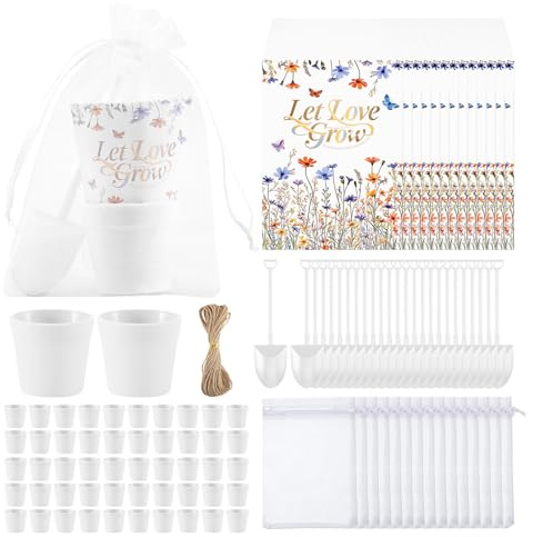 Ansberta 200 PCS Let Love Grow Wedding Favors for Guests Include 50 Flower Seed Packets 50 Pots 50 Organza Bags 50 Garden Shovel for Bridal Shower Wedding Party Favors, No Seeds
