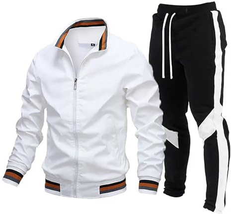 Generisch 2025 Nuova tuta da allenamento da uomo 2024, outfit a 2 pezzi, set casual sportivo da jogging a contrasto, bianco, M