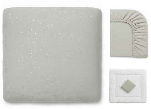 Funda para cambiador, 100% algodón, muselina, funda para cambiador de 85 x 75 y 75 x 75 cm – funda suave para cojín de mimbre transpirable y lavable, estrellas grises y estrellas grises