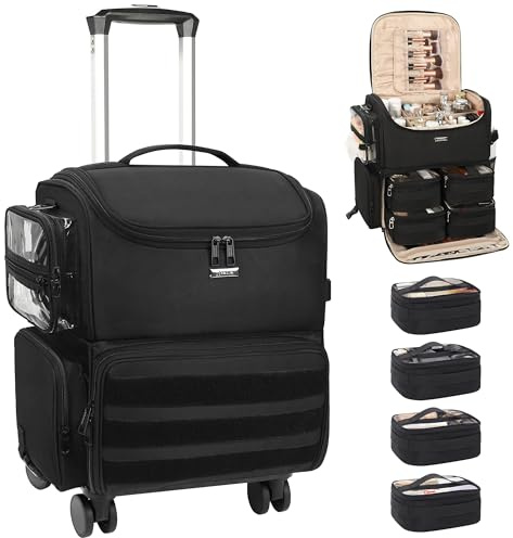 Relavel Sminkväska med hjul + 4 genomskinliga fickor, professionell makeup-artist set, kosmetisk arrangör med justerbara avdelare, 360° roterbara hjul, svart