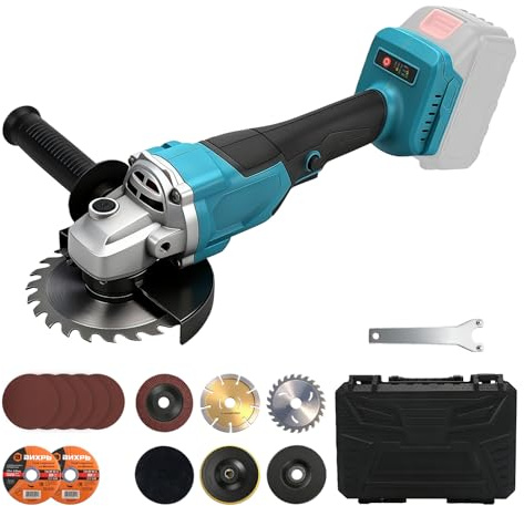 125mm Amoladora angular inalámbrica compatible con Makita 18V batería (sin bateríe), 900 W, 9000 rpm, amoladora angular sin escobillas con 3 velocidades, 12 discos, mango adicional y caja de plástico