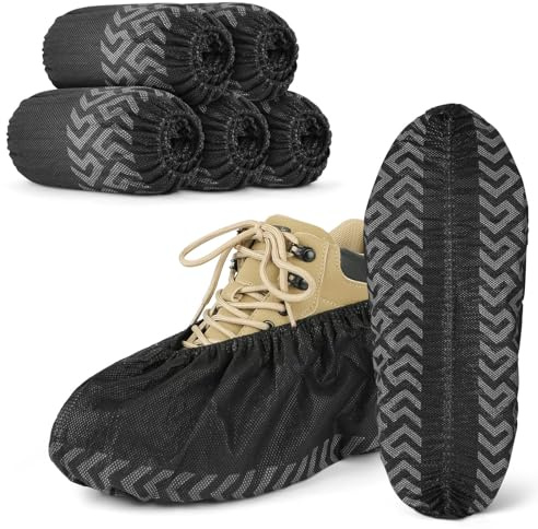 ANOMM 50 Pezzi Copriscarpe Monouso, Riutilizzabili Traspiranti Copriscarpe con Battistrada Antiscivolo, Resistente a Strappi, Antipolvere Copriscarpes per Interni ed Esterni (Nero, 25 Paia)